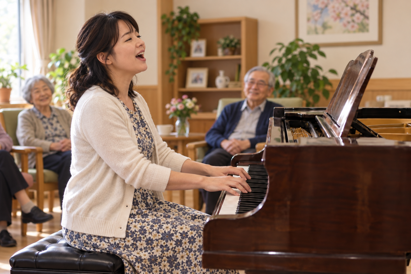 地域の集まりで歌いながらピアノを演奏する女性