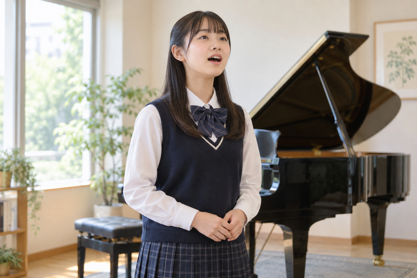 制服姿でグランドピアノのそばで歌う中学生人前で演奏